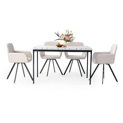 HOMYLIN Esszimmerstühle und Tisch, 5-teiliges Set, 120 cm, rechteckig, Marmor-Weiß-Effekt, Tischplatte Esstisch mit 4 drehbaren Armlehnen, Küchenstühle in Beige von HOMYLIN