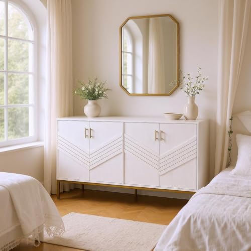 HOMYLIN Moderne Kommode mit Chevron-Details und goldfarbenen Beinen, eleganter Schlafzimmerschrank, Weiß von HOMYLIN