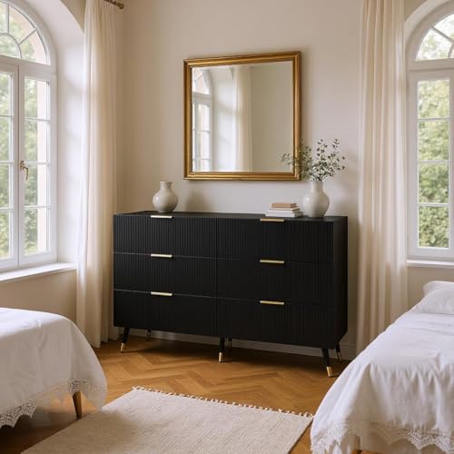 HOMYLIN Moderne Schlafzimmer-Kommode, Kommode mit goldfarbenen Griffen, 3 breite Schubladen zur Aufbewahrung von Kleidung, 120 × 40 × 77 cm, Schwarz von HOMYLIN