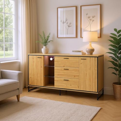 HOMYLIN Moderner LED-Beistelltisch mit Stauraum, 3 Schubladen und 2 Schränken, 16-farbiges Licht, Holz-Finish, ideal für Wohnzimmerecken, natürliche Farbe HOMYLIN Moderner LED-Beistelltisch mit Stauraum, 3 Schubladen und 2 Schränken, 16-farbiges Licht, Holz-Finish, ideal für Wohnzimmerecken, natürliche Farbe von HOMYLIN