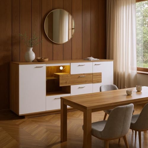 HOMYLIN Modernes Sideboard Buffet mit LED-Licht, 160 cm, Esszimmerschrank mit 2 Türen und 4 Schubladen, Weiß HOMYLIN Modernes Sideboard Buffet mit LED-Licht, 160 cm, Esszimmerschrank mit 2 Türen und 4 Schubladen, Weiß von HOMYLIN