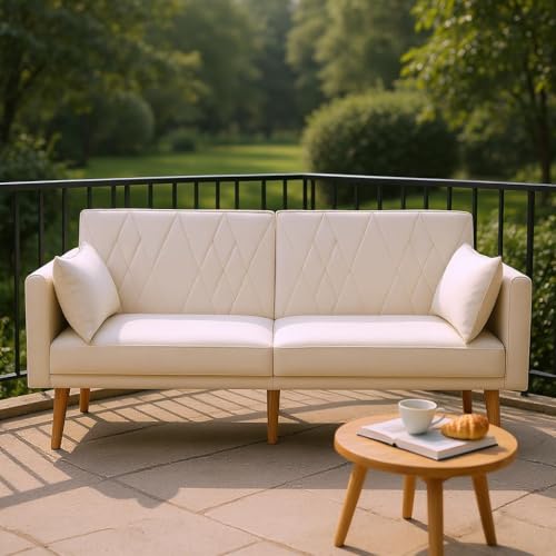 HOMYLIN Outdoor Samt Liegesofa mit Verstellbarer Rückenlehne & Armlehnen, Faltbare Lounge Couch für Balkon oder überdachte Terrasse, Elegantes Gartensofa mit Kissen, Beige von HOMYLIN