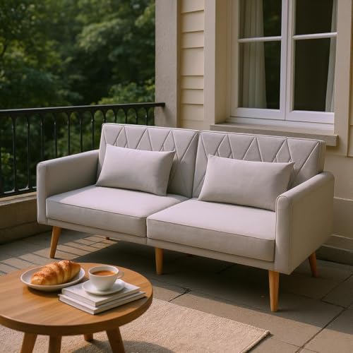 HOMYLIN Outdoor Samt Liegesofa mit Verstellbarer Rückenlehne & Armlehnen, Faltbare Lounge Couch für Balkon oder überdachte Terrasse, Elegantes Gartensofa mit Kissen, Grau von HOMYLIN