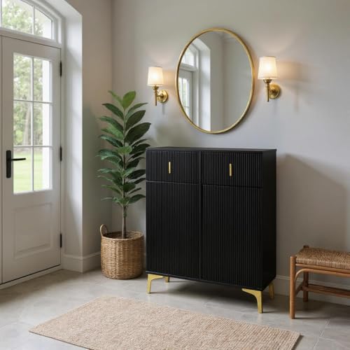 HOMYLIN Schmaler Flurschrank mit vertikalen Paneelen und Aufbewahrungsschubladen – Eingangs-Organizer, Schwarz von HOMYLIN