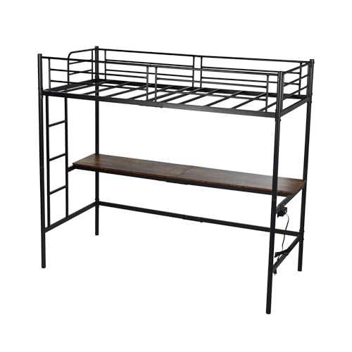 HOMYLIN Schwarzes Hochbettgestell, Industrie-Design, Metallrahmen mit Schreibtisch aus Holz, platzsparende Möbel für kleines Schlafzimmer, multifunktionaler Arbeitsplatz, einfach zu montieren und von HOMYLIN
