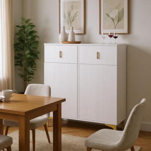 HOMYLIN Sideboard Buffetschrank mit Schubladen & Rillentüren - Esszimmerschrank weiß von HOMYLIN