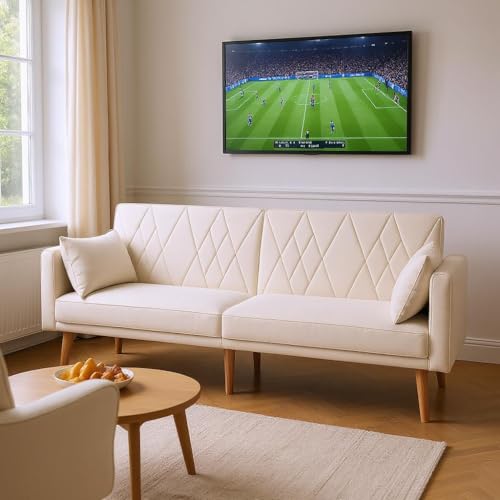 HOMYLIN Umwandelbare Samt-Couch mit verstellbarer Rückenlehne und Armlehne, 2-Positionen-Schlafsofa für Gaming, TV & Rest – Moderne, kompakte Couch mit Kissen für Lounge oder Schlafsaal, Beige von HOMYLIN