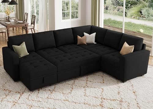 HONBAY Modulares Sektionalschlafsofa mit Ausziehbett, Samt, wandelbar, L-förmige Sektionalcouch mit Stauraum, Sektionalsofas für Wohnzimmer, Schwarz von HONBAY