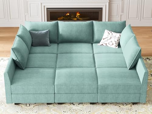 HONBAY Modulares Sofa, Sektionalcouch, U-förmiges Sofa mit Ottomanen, wendbares Sektionalschläfersofa, modulare Couchbett mit Stauraum, Aquablau von HONBAY