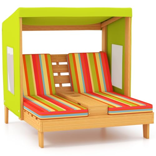 HONEY JOY Kinder-Chaiselongue-Sessel, Outdoor, Kleinkind, Holz, Doppel-Pool-Liegestühle mit Baldachin, Getränkehalter, abnehmbare, gestreifte Stoffkissen, 2-Personen-Kinder-Terrassenmöbel für den HONEY JOY Kinder-Chaiselongue-Sessel, Outdoor, Kleinkind, Holz, Doppel-Pool-Liegestühle mit Baldachin, Getränkehalter, abnehmbare, gestreifte Stoffkissen, 2-Personen-Kinder-Terrassenmöbel für den von HONEY JOY