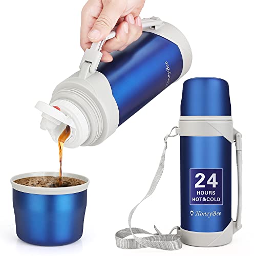 Thermoskanne für heiße Getränke, hält Flüssigkeit bis zu 24 Stunden heiß oder kalt, Thermoskanne für Kaffee, 1,2 l, 18/8 Edelstahl, BPA-frei, Isolierflasche für heißes Wasser (blau) von HONEYBEE