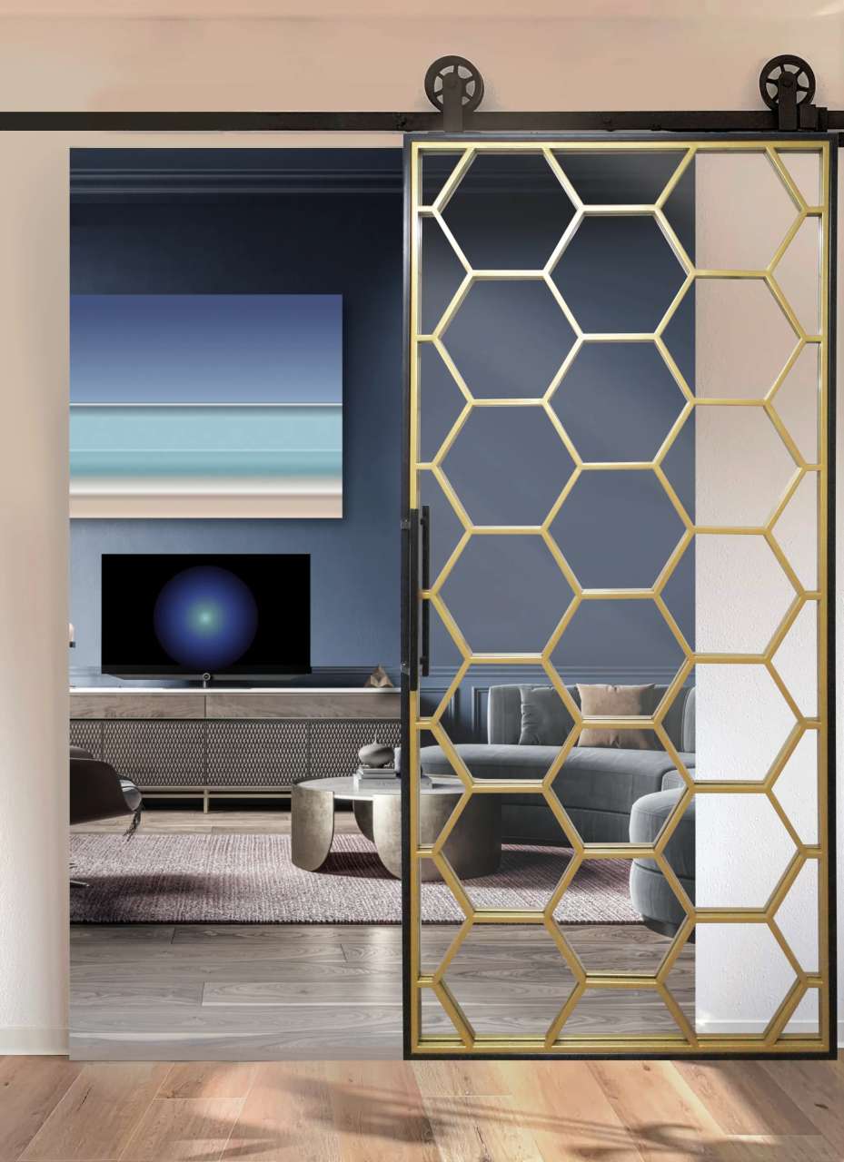 LOFT FRENCH HONEYCOMB Schiebetür aus Stahl und Glas mit Wabenmuster von HONEYCOMB