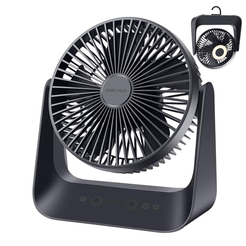 HONEYYEAR USB-Lüfter mit Thermostat-Funktion, 5000mAh Akku, 5-Stufen-Luftstrom, LED-Licht & Aufhänger - ideal für Zuhause, Büro und Reisen von HONEYYEAR