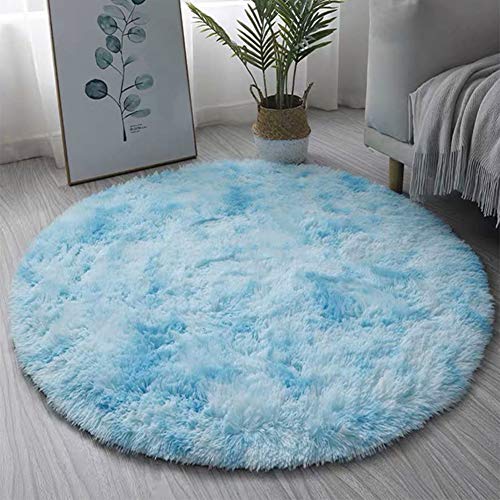 HONGBI Hochflor Shaggy Runder Teppich mit Farbverlauf, Kurz Kunstfell Plüsch Bereich Teppich Anti-Rutsch Sofa Matte Carpet Wohnzimmer Bodenmatte Bettvorleger fürs Schlafzimmer Kinderzimmer Blau 120CM von HONGBI