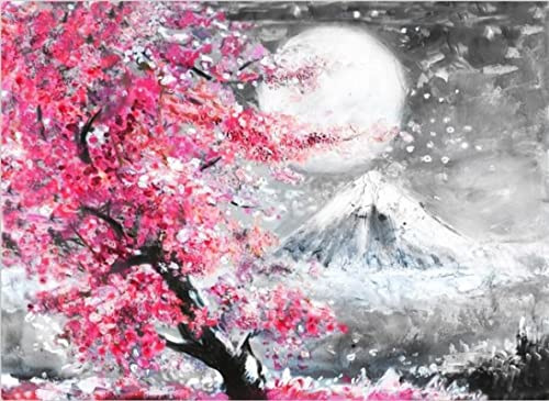 HONGC Bilder auf Leinwand Kirschblütenbaum Japanischer Berg Leinwandmalerei Wandkunst Poster Druckbild Wohnzimmer Küche Heimdekoration 75x115cm Kein Rahmen von HONGC