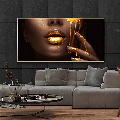 HONGC Drucke auf Leinwand Golden Sexy Lips Moderne Kunst Poster und Drucke Afrikanische Frau Kunst Gemälde Wand Schwarze Frau Leinwand Bilder 50x100cm / 19.6"x39.4 Kein Rahmen von HONGC