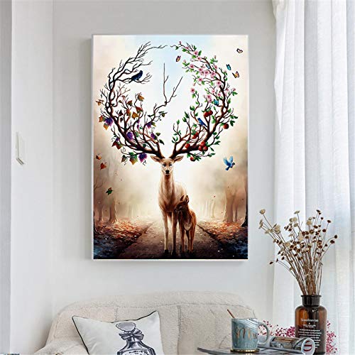 HONGC Drucke auf Leinwand Nordic Elk Deer Leinwandbilder Moderne Bilder Drucke und Poster Eltern-Kind-Hirschbilder für Wohnzimmerdekor 70x100cm Mit Rahmen von HONGC