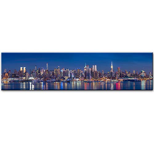 HONGC Leinwanddruck Skyline von New York City Leinwandbilder Nachtansicht Landschaft Wandbilder für Wohnzimmer Wandkunst Poster und Drucke 50x150cm / 19.6"x59.1 Kein Rahmen von HONGC