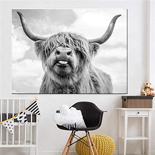 HONGC Leinwanddrucke,Grau Kunst Highland Kuh Rinder Wand Leinwand Kunst Nordischen Malerei Plakat Und Print Wand Bild Für Wohnzimmer 60x80cm/23.6”x31.4” Kein Rahmen von HONGC