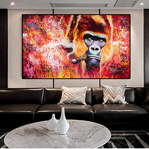 HONGC Tierbilder Abstrakte Graffiti Kunst AFFE Rauchen Einer Zigarre Leinwand Kunst Poster und Drucke Tiere Leinwand Gemälde Straßenwandkunst Bilder 70x140cm Mit Rahmen von HONGC