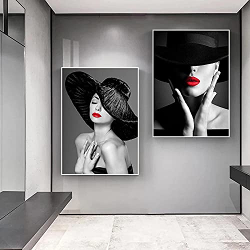 HONGC Wandkunst Moderne Mode Sexy Rote Lippen Leinwand Malerei Frauen Poster und Drucke Wohnzimmer Schlafzimmer Wandbilder Home Bar Dekoration 60x80cmx2 Kein Rahmen von HONGC