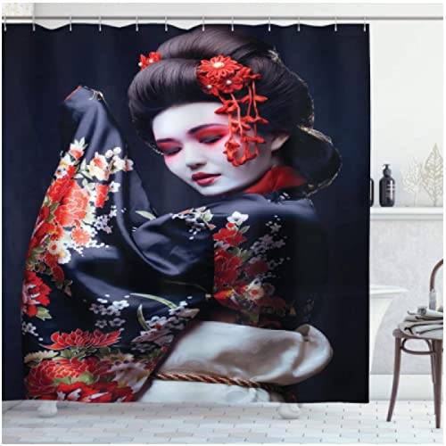 Japan Duschvorhang Geisha im Kimono mit Sakura traditionelles orientalisches Kostüm Schminktuch Stoff Badezimmer Dekor Set W180xH180(cm) mit Haken von HONGC