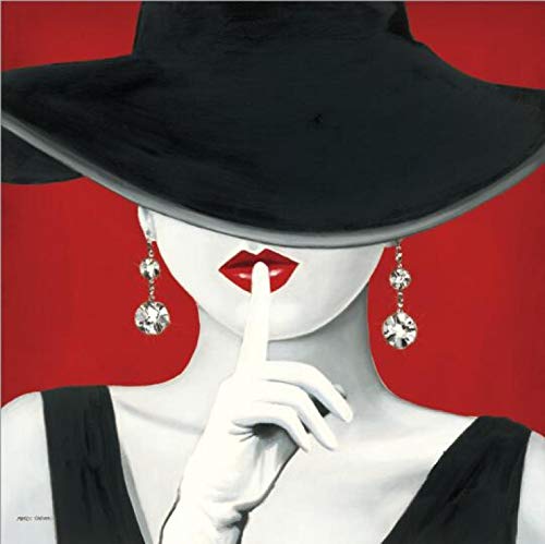 Leinwandbild Sexy Mädchen mit schwarzem Hut, Gemälde auf Leinwand, rote Lippen, Pop-Art, modernes Modell, Leinwandbilder, Wanddekoration, 45 x 45 cm, mit Rahmen von HONGC