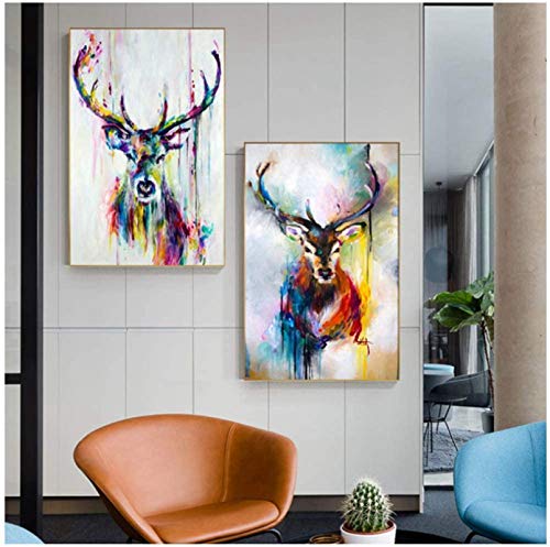 Moderne Kunst Wandbild Bunte Hirsch Bilder Tier Poster Leinwand Malerei Wandkunst für Wohnzimmer Home Dekorative Bilder 50x70cm/19.6”x27.5”x2 Kein Rahmen von HONGC