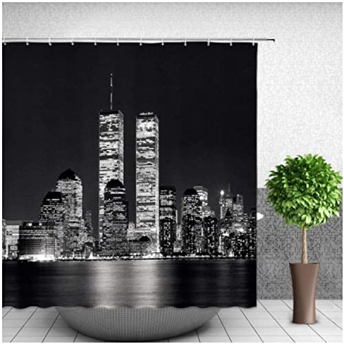 Schwarz Weiß New York City Landschaft Duschvorhänge 3D-Gebäude Hauswand Hintergrund Dekor Nordic Polyester Badezimmer Badewannenabtrennung W180xH200(cm) mit Haken von HONGC