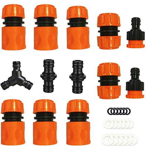 HONGCI ABS-Schlauchanschluss 13 Kit-6 * 1/2"End-Schnellanschluss, 2 * Doppelstecker, 2 * 2 in 1 Hahn, 2 * Extender, 1 * Y-Anschluss und 18 * Ersatzring Zum Anschließen des Gartenschlauchs von HONGCI