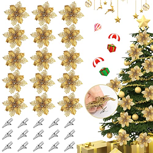 15 Stück Weihnachtsstern Blumen, Weihnachtsblumen Künstlich Blumen Deko, Christmas Glitter Poinsettia, Weihnachtsbaum Dekoration, Weihnachten Blumen Dekor Ornament, für Hochzeit Neujahr, 16cm, Gold von HONGECB