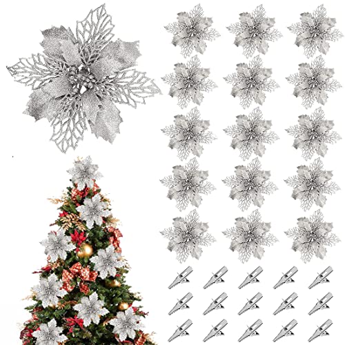 15 Stück Weihnachtsstern Blumen, Weihnachtsblumen Künstlich Blumen Deko, Christmas Glitter Poinsettia, Weihnachtsbaum Dekoration, Weihnachten Blumen Dekor Ornament, für Hochzeit Neujahr, 16cm, Silber von HONGECB