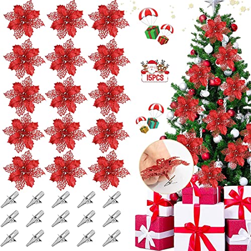 15 Stück Weihnachtsstern Blumen, Weihnachtsblumen Künstlich Blumen Deko, Christmas Glitter Poinsettia, Weihnachtsbaum Dekoration, Weihnachten Blumen Dekor Ornament, für Hochzeit Neujahr, 16cm, Rot von HONGECB