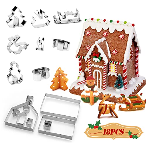 18 Stück Plätzchenformen Weihnachtshaus, 3D Ausstechformen Weihnachten, Kekse Ausstechformen, Plätzchen Ausstecher, Edelstahl Weihnachten Cookie Cutter, DIY Backform, für Kekse Backen Küche Zubehör von HONGECB