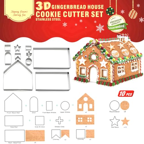 3D Weihnachten Ausstechformen, Plätzchen Ausstecher 3D, Plätzchenformen Weihnachten, 3D Keksausstecher Weihnachten, Kekse Ausstechformen Lebkuchenhaus, für Kekse Backen Küche Zubehör,10 Stück von HONGECB