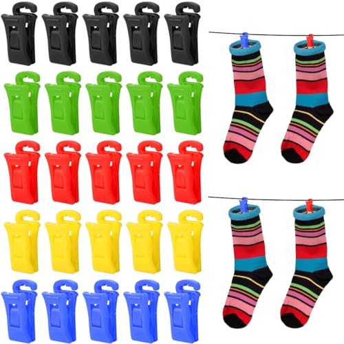 50 Stück Sockenclips, Sockenclips mit Haken, Waschmaschinen-Sockenclips, Trockner-Sockenclips für Waschmaschinen und Trockner, (Je 10 Stück in Blau, Gelb, Rot, Grasgrün, Schwarz) von HONGECB
