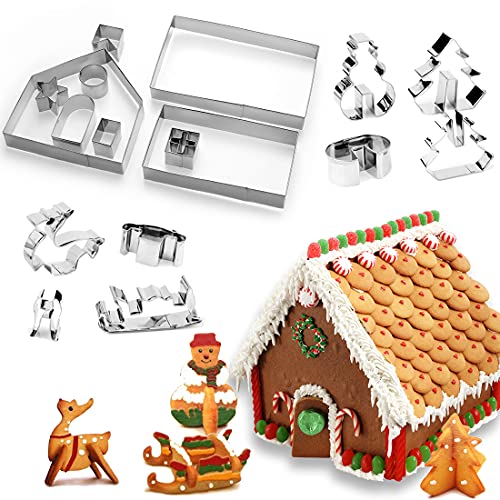 Ausstechformen Weihnachten Lebkuchenhaus, Lebkuchenhaus Ausstecher Set, 3D Lebkuchenhaus Haus Form, Weihnachten Lebkuchenhaus Ausstechformen Set aus Edelstahl (Set 18 Stück) von HONGECB