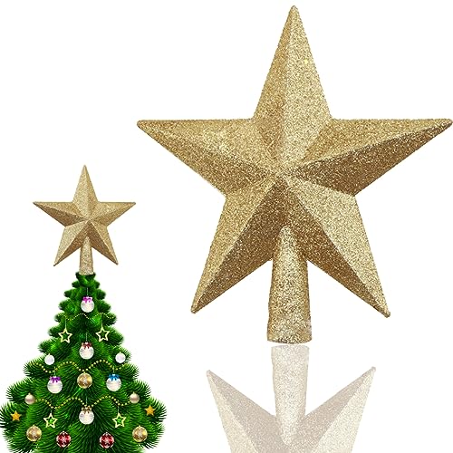 Christbaumspitze Stern Verzierung, Glitter Baum Stern Weihnachtsdekoration, Glitzernde Weihnachtsbaumspitze aus Kunststoff, Für die Dekoration der Christbaumspitze, 20 cm, Gold von HONGECB