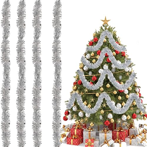 Glänzend Lametta Girlande, Weihnachten Lametta Glänzend, Metallische Lametta Girlanden, 2M Weihnachten Deko Lametta, für Weihnachtsbaum Weihnachtsfeier, Silber, 4 Stück von HONGECB