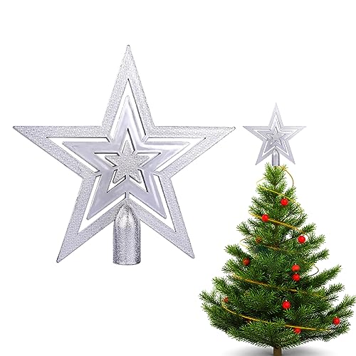 Christbaumspitze Stern Verzierung, Weihnachtsbaumspitze Glitzer-Stern,Christbaumspitze für Jede Baumspitze - Weihnachtsstern bruchsicher (Silber) von HONGECB