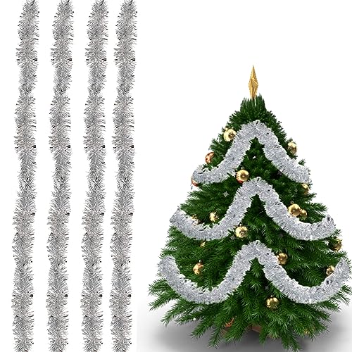 HONGECB 2 M Metallische Lametta Girlanden, Weihnachten Lametta Girlande Glänzend, Weihnachten Lametta Girlande, Lametta Girlande Weihnachtsbaum Dekom Für Weihnachten Party Dekoration,4 Stück Silber von HONGECB