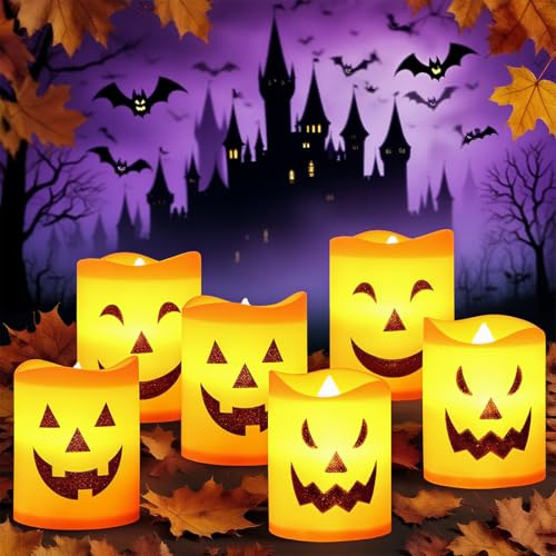 Halloween Flameless Kerze, 6er Set mit 3 Grusel-Gesichtern, Flammenlose Kürbis Led Teelichter für eine schaurig-schöne Party & Tischdeko Dekorationen Innen Außen, Party von HONGECB