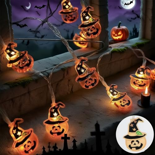 Halloween Lichterkette Kürbis [Hutkürbis -Design] – 3M 20 LED Kürbis Halloween Lichterkette, Batteriebetrieben & Wetterfest für Party Deko Innen & Außen (Kürbislichterkette) von HONGECB