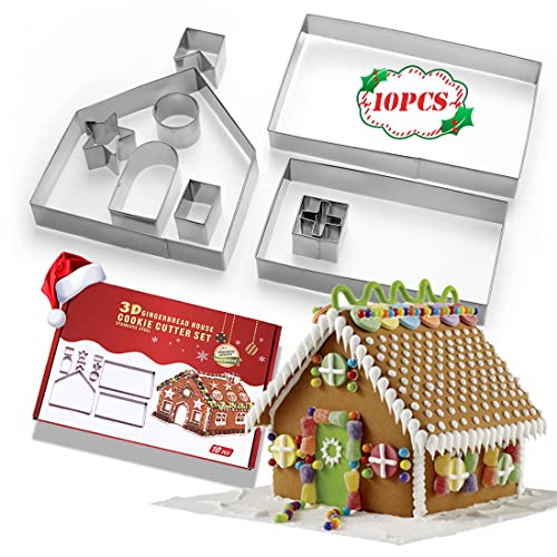 SUNCHE 10 Stück Plätzchen Ausstecher 3D, Weihnachten Lebkuchenhaus, Kekse Ausstechformen, Edelstahl Ausstecher Set, Edelstahl Weihnachten Cookie Cutter, für Torten Kekse BackenKüche Zubehör von HONGECB