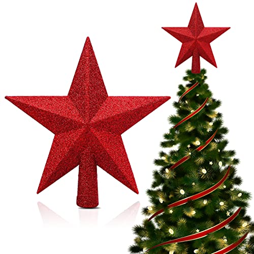 Weihnachtsbaum-Spitze aus Kunststoff, Glitter Baum Stern, Weihnachtsbaum Stern Spitze, Glitter Baum Stern Weihnachtsdekoration, Baumschmuck Glitzernde, für Weihnachtlicher Baumschmuck, 20 cm, Rot von HONGECB