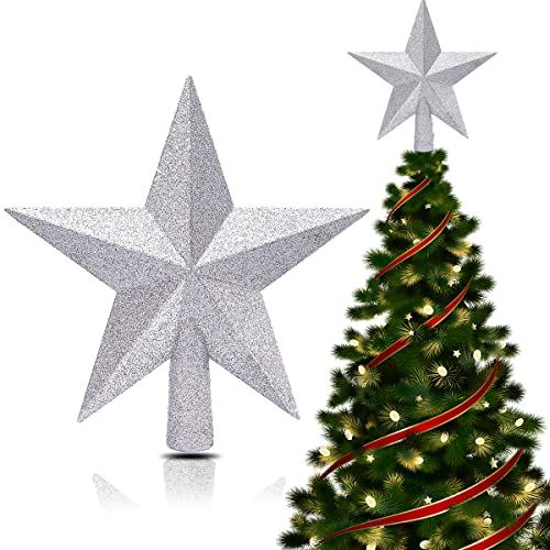 Weihnachtsbaum-Spitze aus Kunststoff, Glitter Baum Stern, Weihnachtsbaum Stern Spitze, Glitter Baum Stern Weihnachtsdekoration, Baumschmuck Glitzernde, für Weihnachtlicher Baumschmuck, 20 cm, Silber von HONGECB