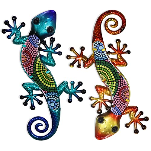 HONGLAND Metall-Gecko-Wandkunst, 2 Stück, 38,1 cm, Eidechse, Outdoor-Dekoration, hängende Glasskulptur, Dekoration für Garten, Zaun, Zuhause von HONGLAND