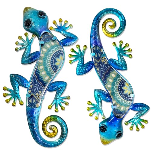 HONGLAND Metall-Gecko-Wandkunst, 2 Stück, Outdoor-Wanddekoration, Eidechse, Metall, hängende Wanddekoration, Glasskulptur für Garten, Hof, Terrasse, Zaun, Zuhause (blau) von HONGLAND