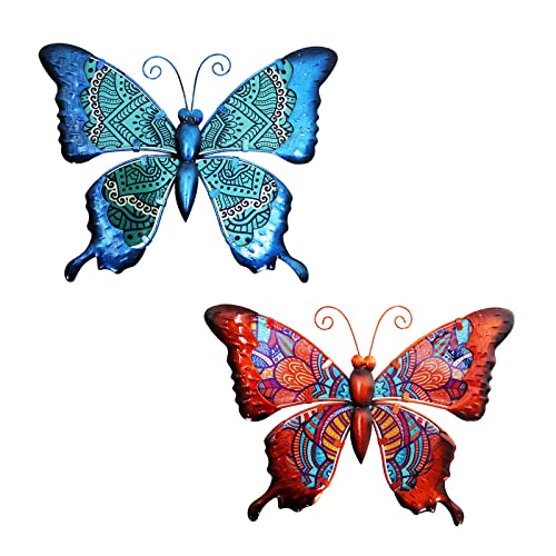 HONGLAND Metall-Schmetterlings-Wanddekoration für drinnen und draußen, Wandkunst, Metallglas, Schmetterlingsskulpturen, 2 Stück, für Haus, Garten, Zaun, Terrasse von HONGLAND