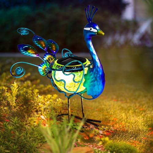 Solar Pfau Statue Licht, Solar Tier LED Lichter Outdoor, Solar Power Figur Wasserdicht Metall Pfau Hof Kunst für Weg Terrasse Hinterhof Dekoration Rasen Ornamente von HONGLAND